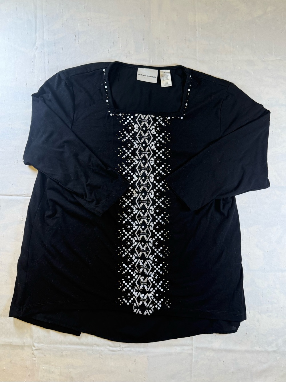 Alfred Dunner Black Embellished Patterned Women's Half Sleeve Top
